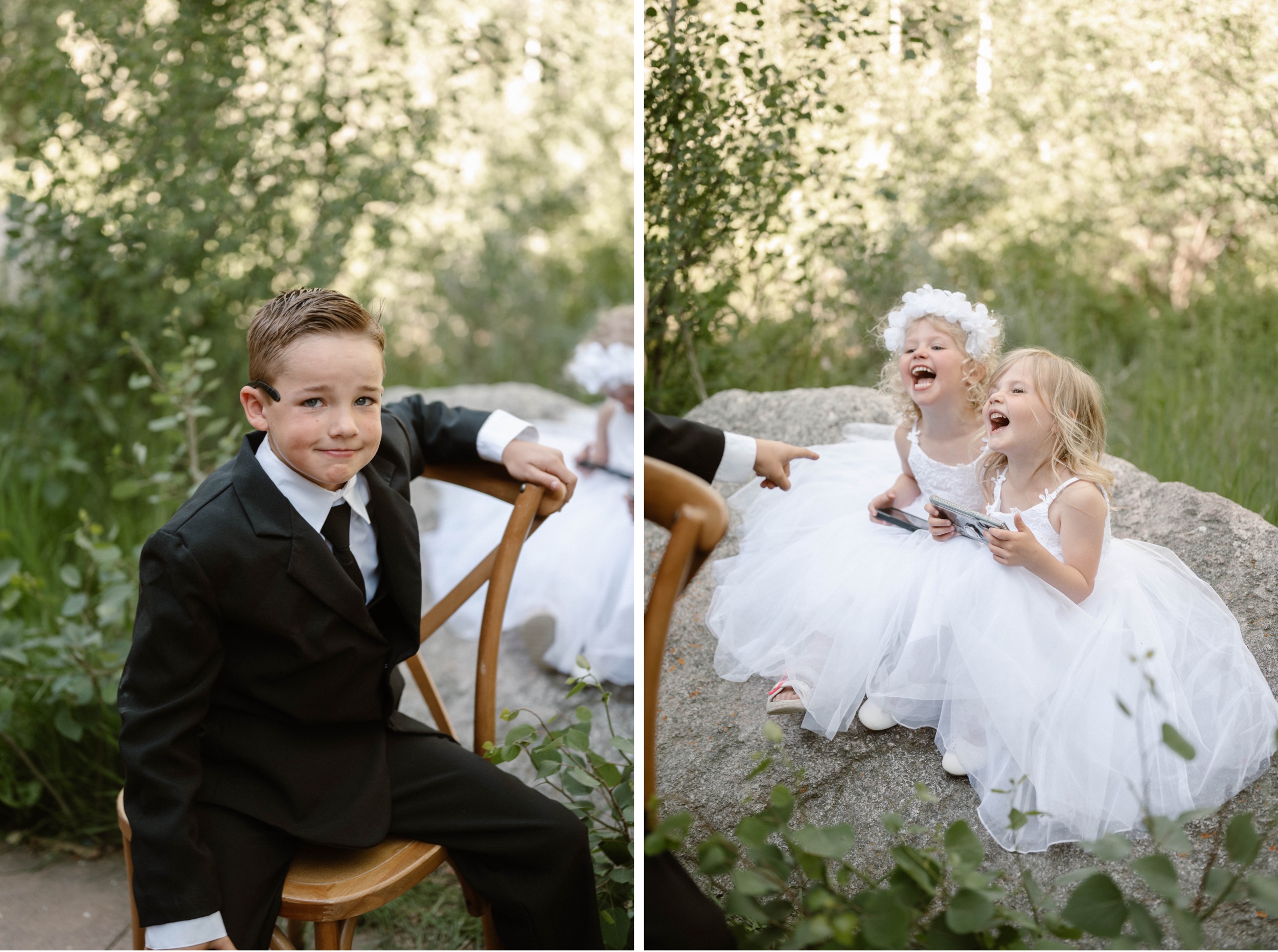 Candid wedding photos of guests at a wedding in Vail, Colorado. Photo by Colorado wedding photographer Ashley Joyce.