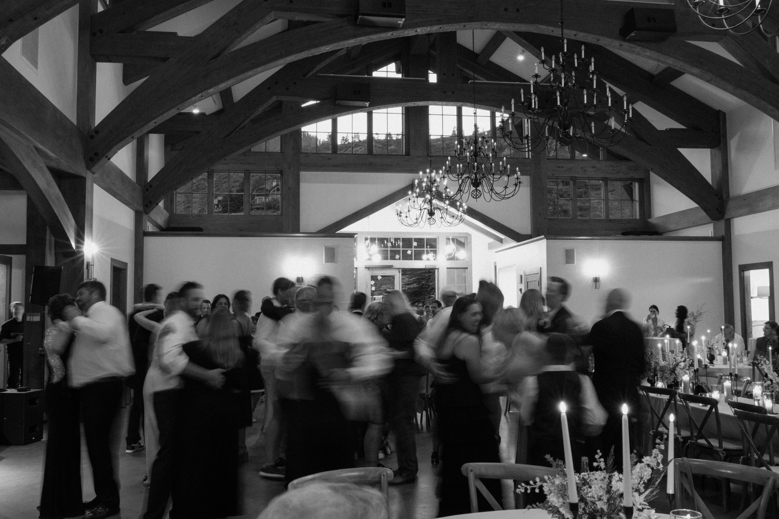 Wedding reception photo taken at Donovan Pavilion in Vail, Colorado. Photo by Colorado wedding photographer Ashley Joyce.