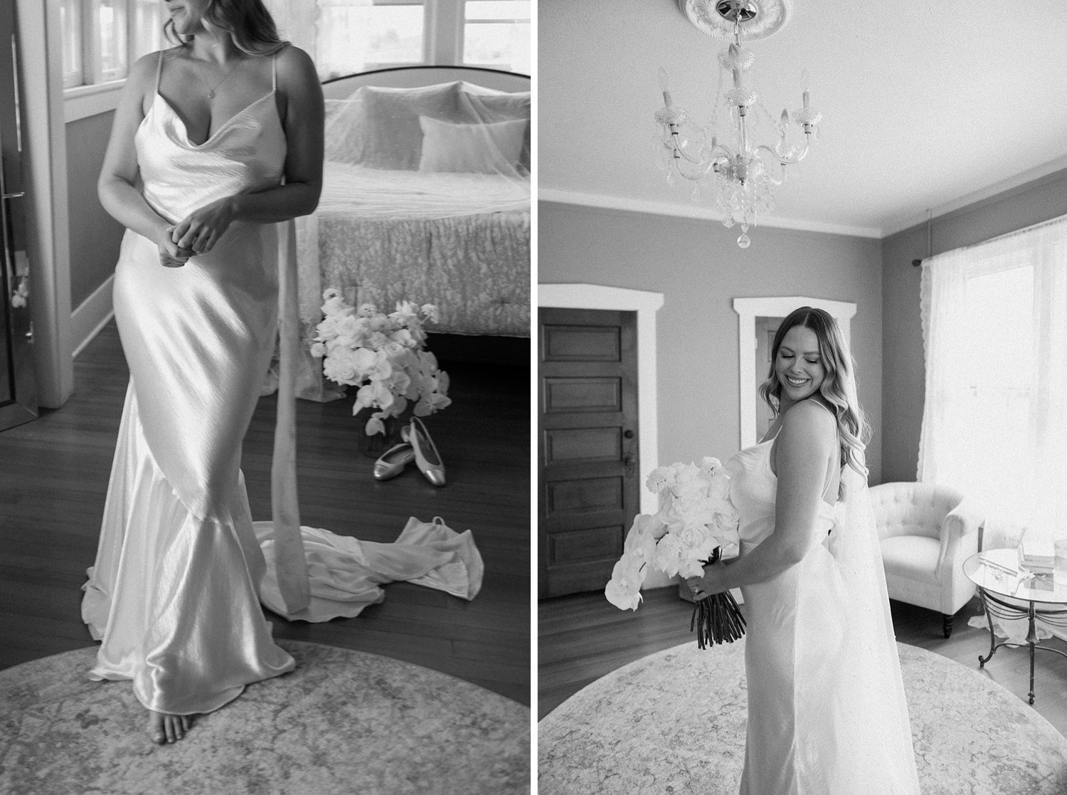 A diptych of a bride posing for her wedding photos at The Manor House