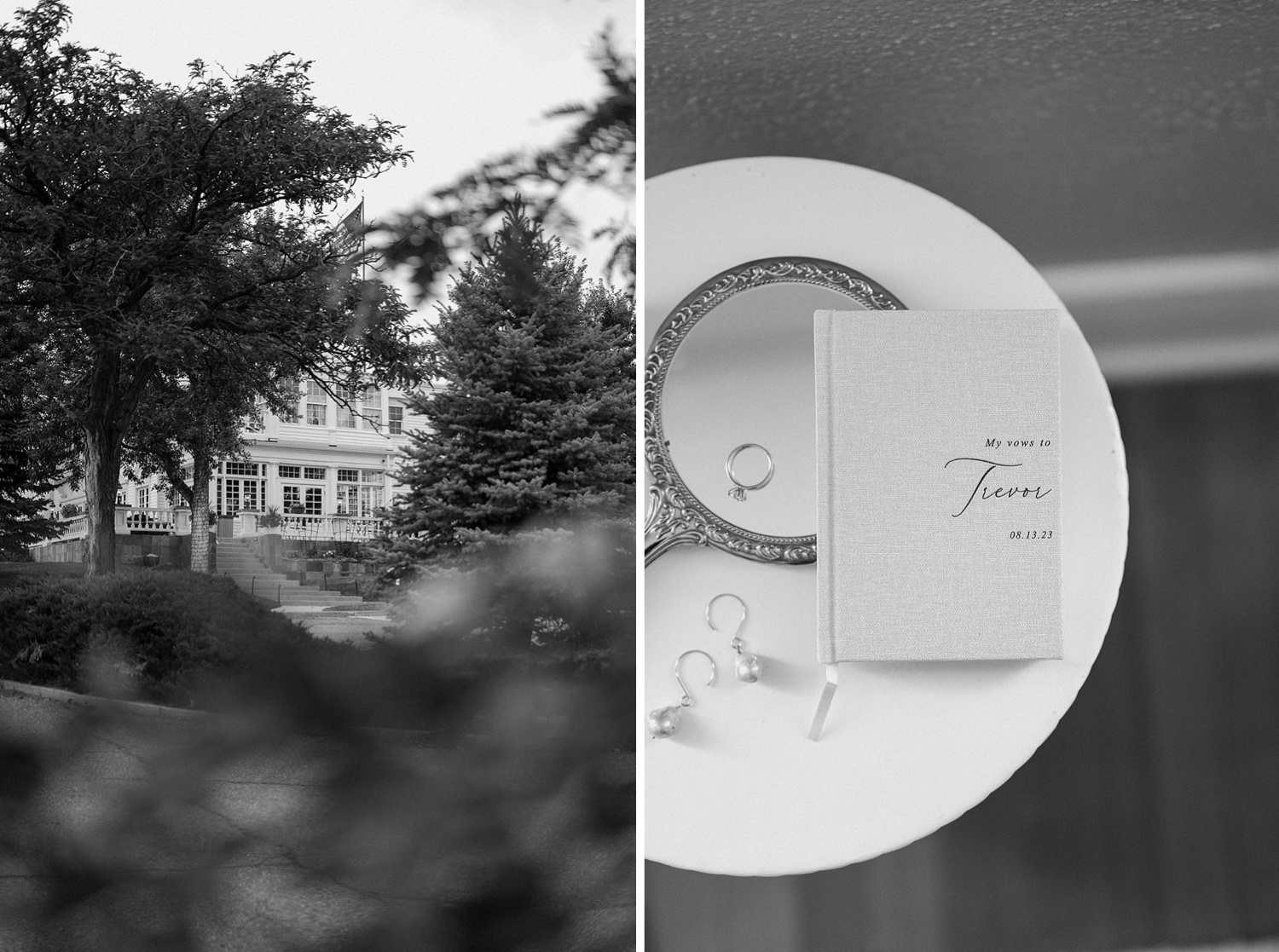 Diptych of two photos of wedding details at the Manor House