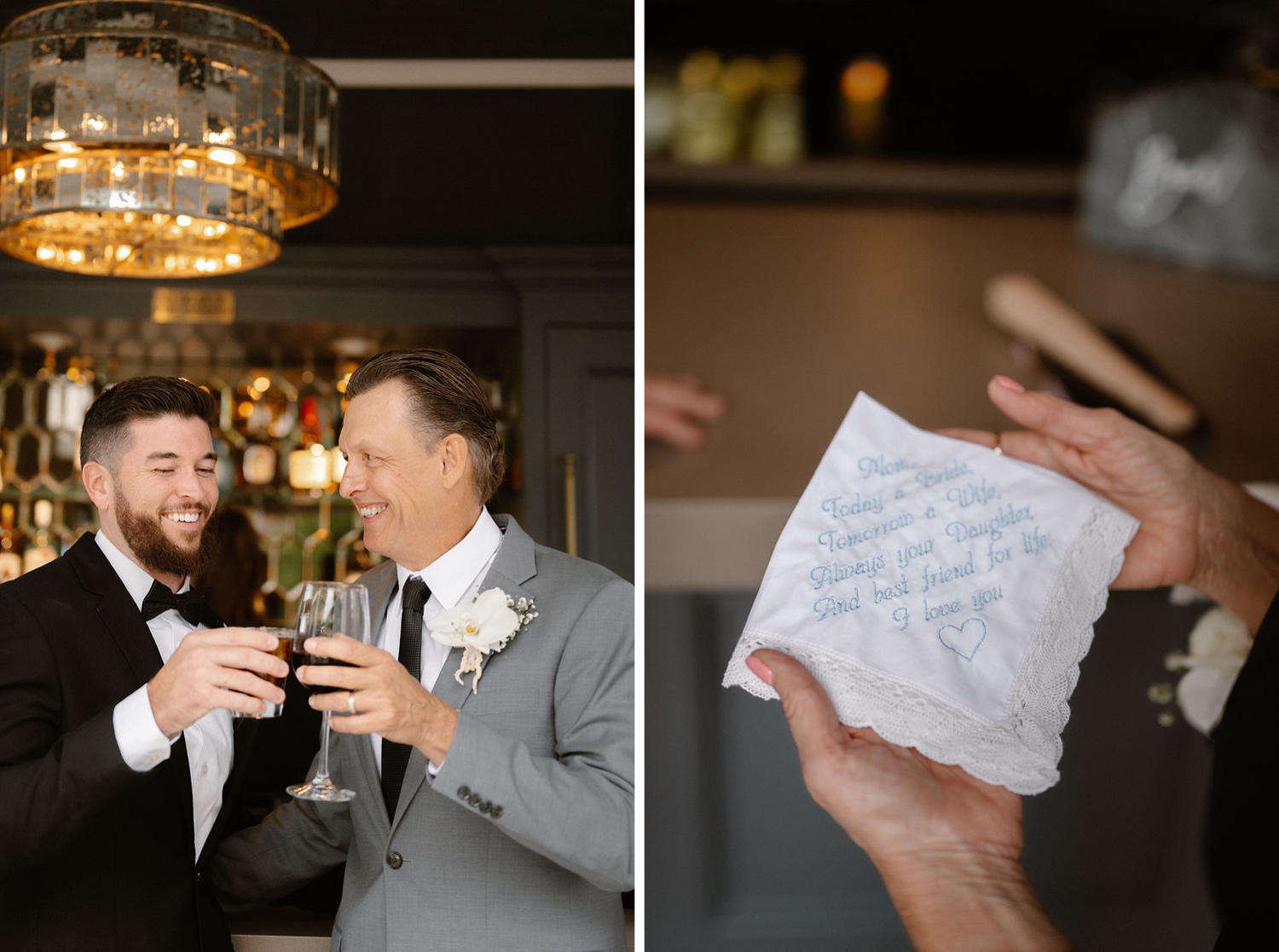 A diptych of a groom and a guest cheering and an embroidered hanky