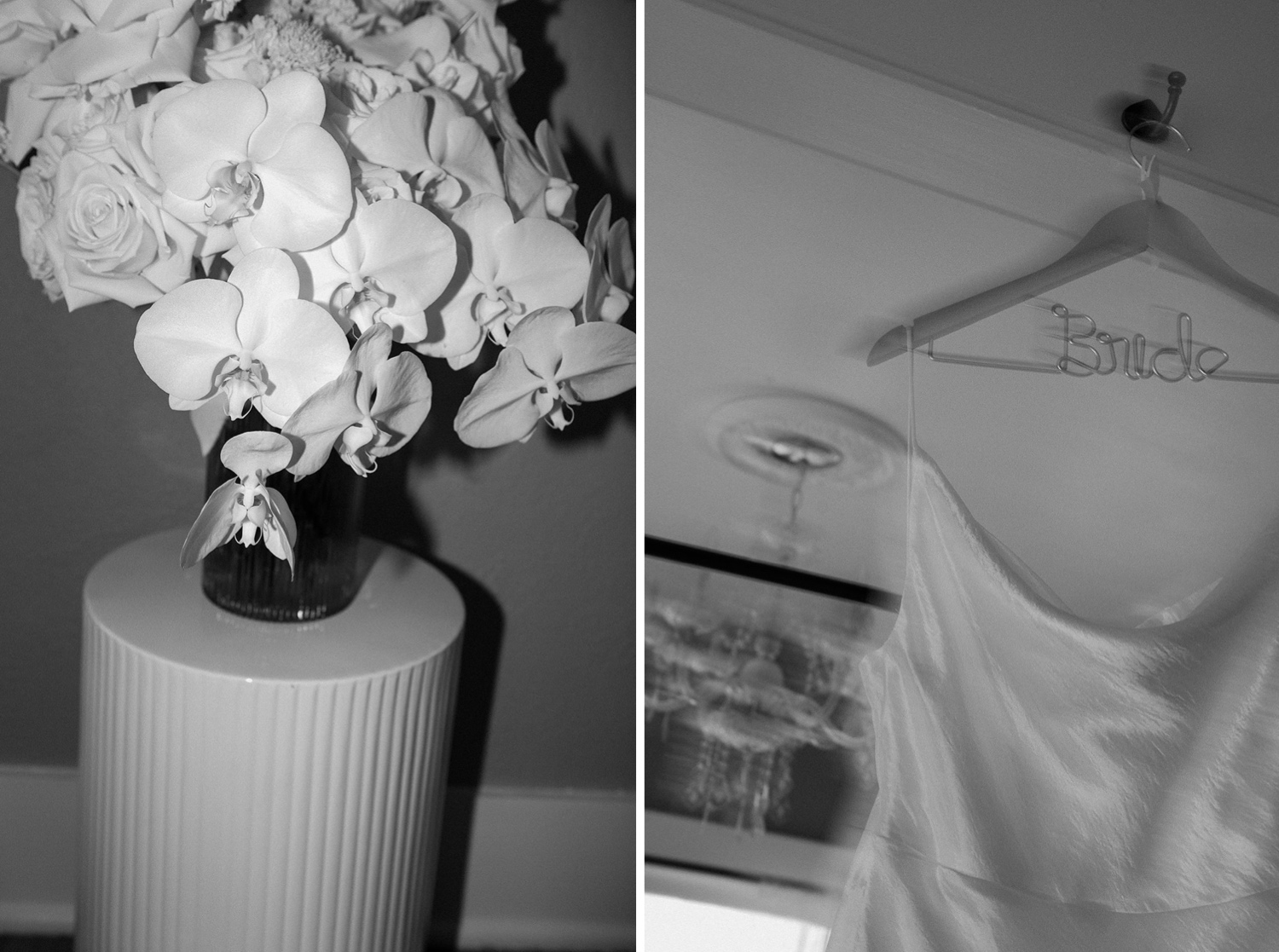 Diptych photo of wedding bouquet and wedding dress at The Manor House wedding venue