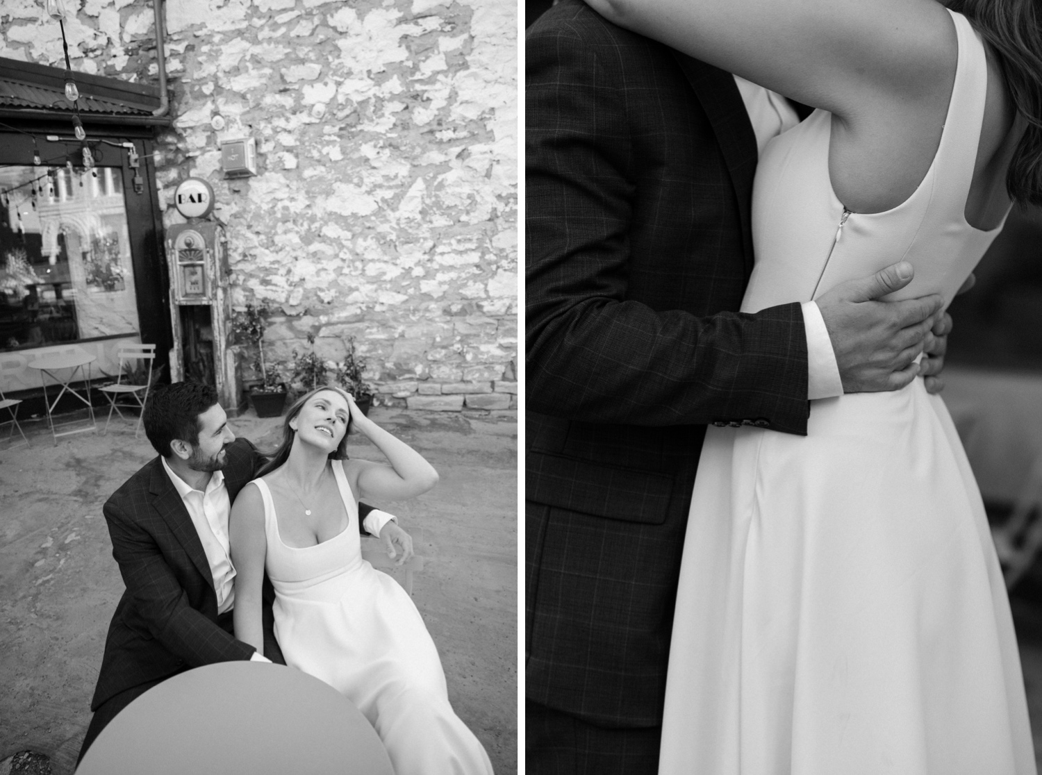 A couple poses for their Telluride engagement session in downtown Telluride, Colorado. Photo by Durango wedding photographer Ashley Joyce