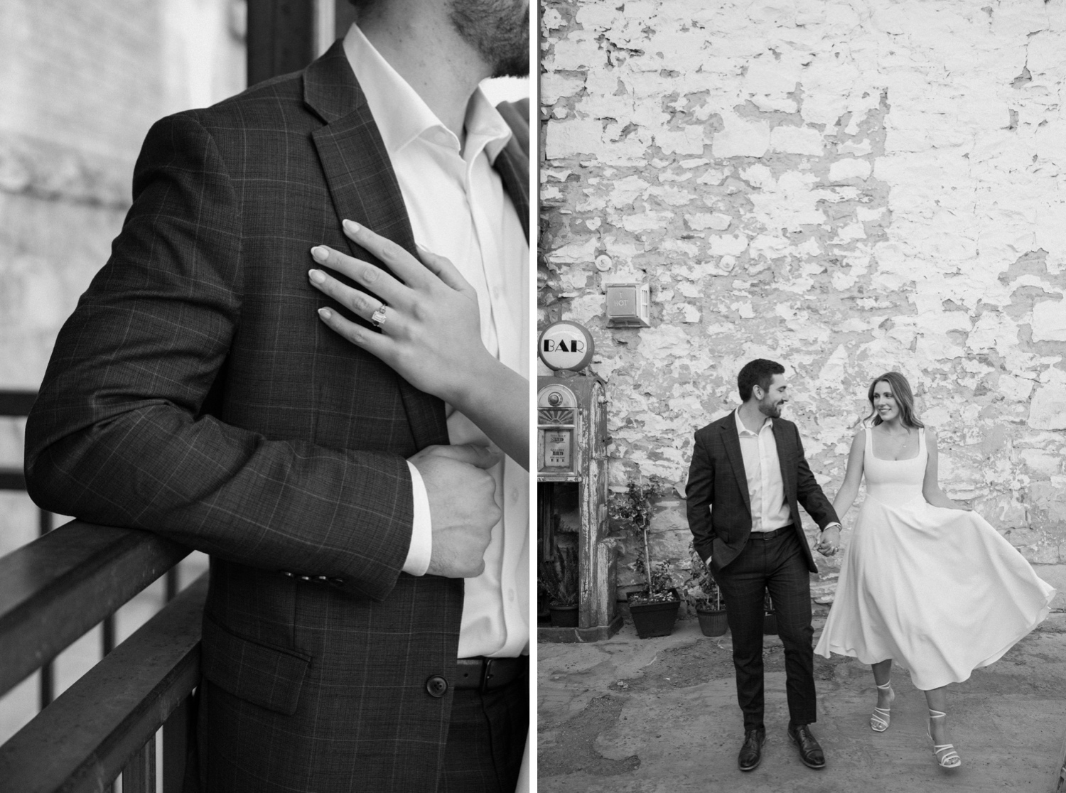 A couple poses for their Telluride engagement session in downtown Telluride, Colorado. Photo by Durango wedding photographer Ashley Joyce