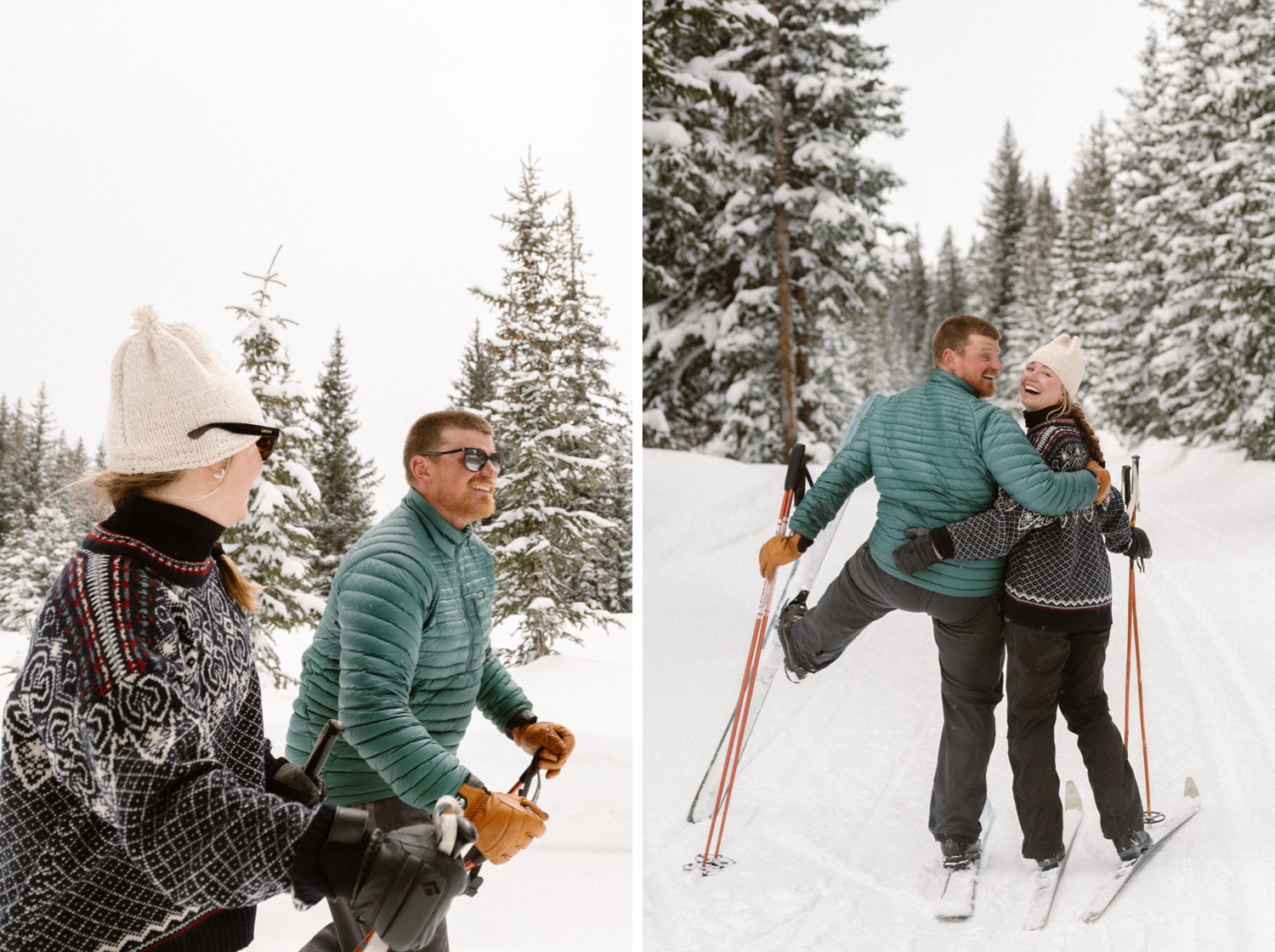 A couple laughing together while bundled up in cozy coats during their winter engagement photo session on cross-country skis in Montrose, Colorado.