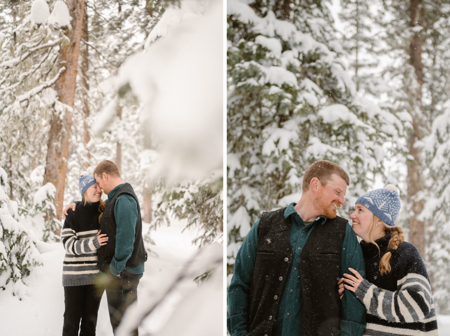 Couple cross-country skiing in snowy forest, wearing winter engagement outfits, during their winter engagement session near Montrose, Colorado.