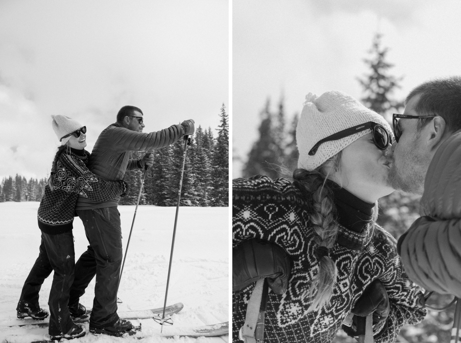 Couple cross-country skiing in snowy forest, wearing winter engagement outfits, during their winter engagement session near Montrose, Colorado.