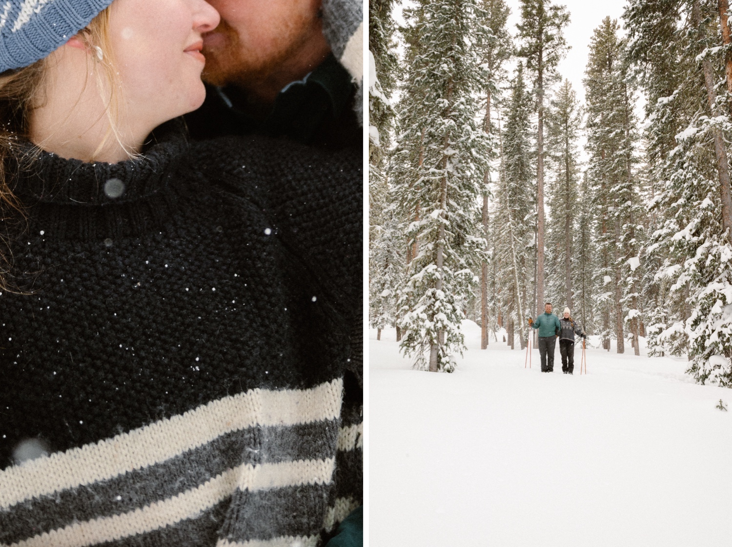 Couple stops for a photo break while cross-country skiing, with snow-covered mountains and winter engagement outfits in the background.