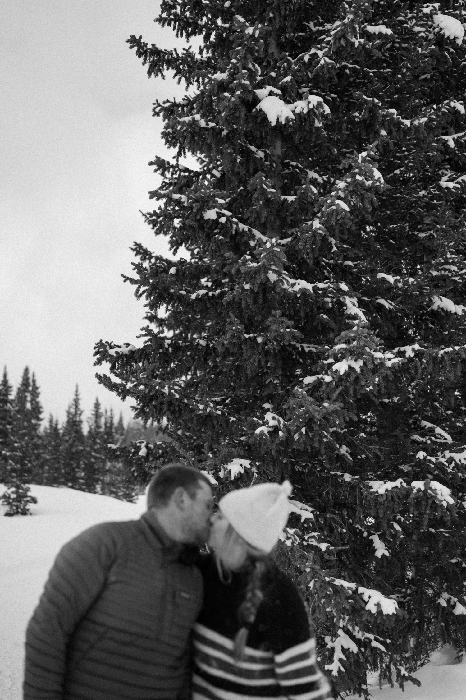 Couple cross-country skiing in snowy forest, wearing winter engagement outfits, during their winter engagement session near Montrose, Colorado.