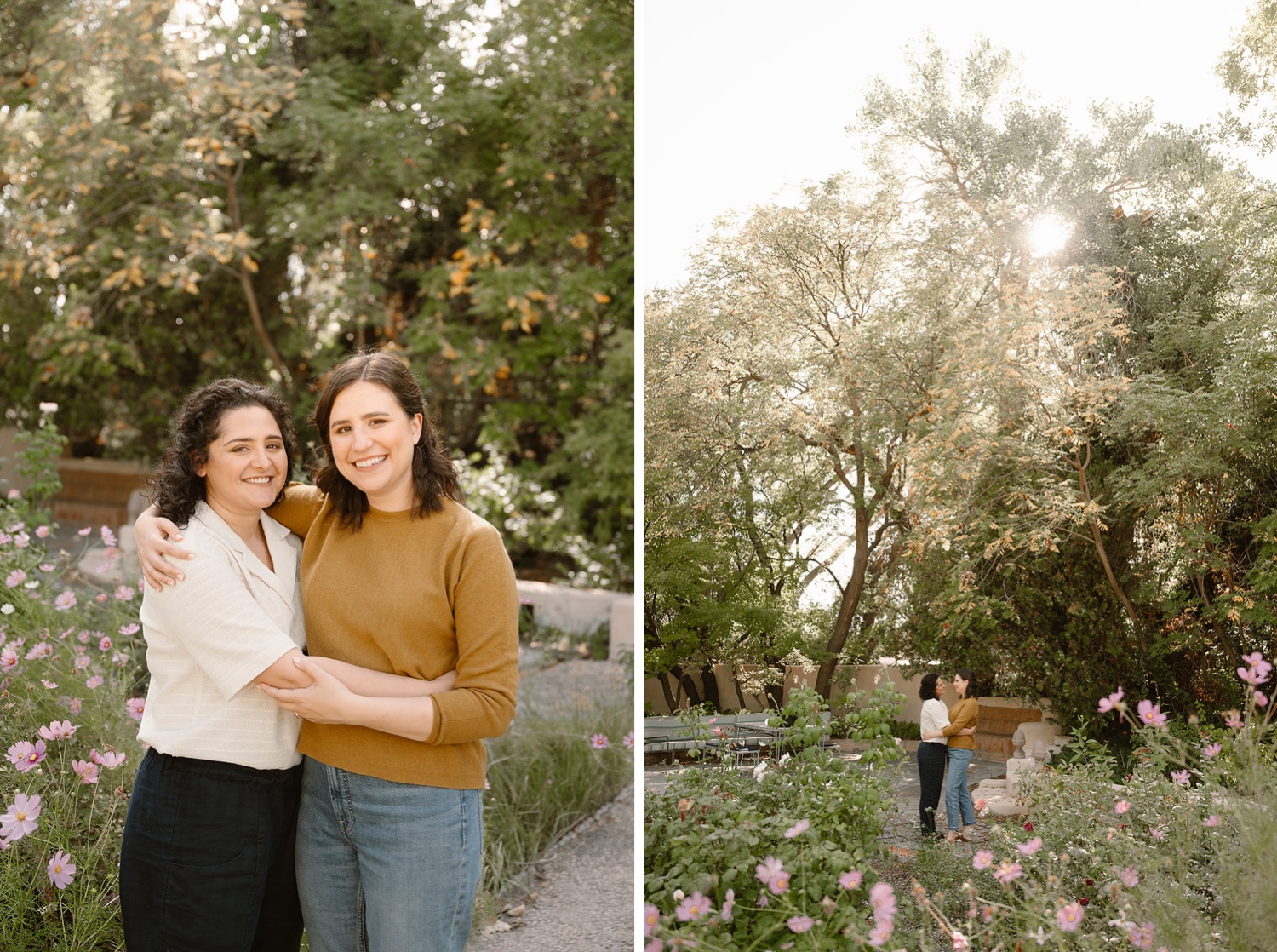 Romantic fall engagement session at Los Poblanos Historic Inn, couple embracing in front of the colorful foliage.