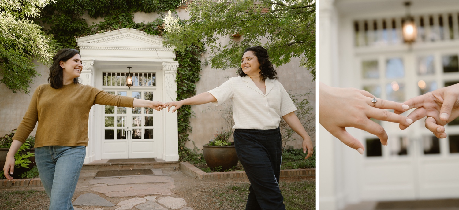 Romantic fall engagement session at Los Poblanos Historic Inn, couple embracing in front of the colorful foliage.