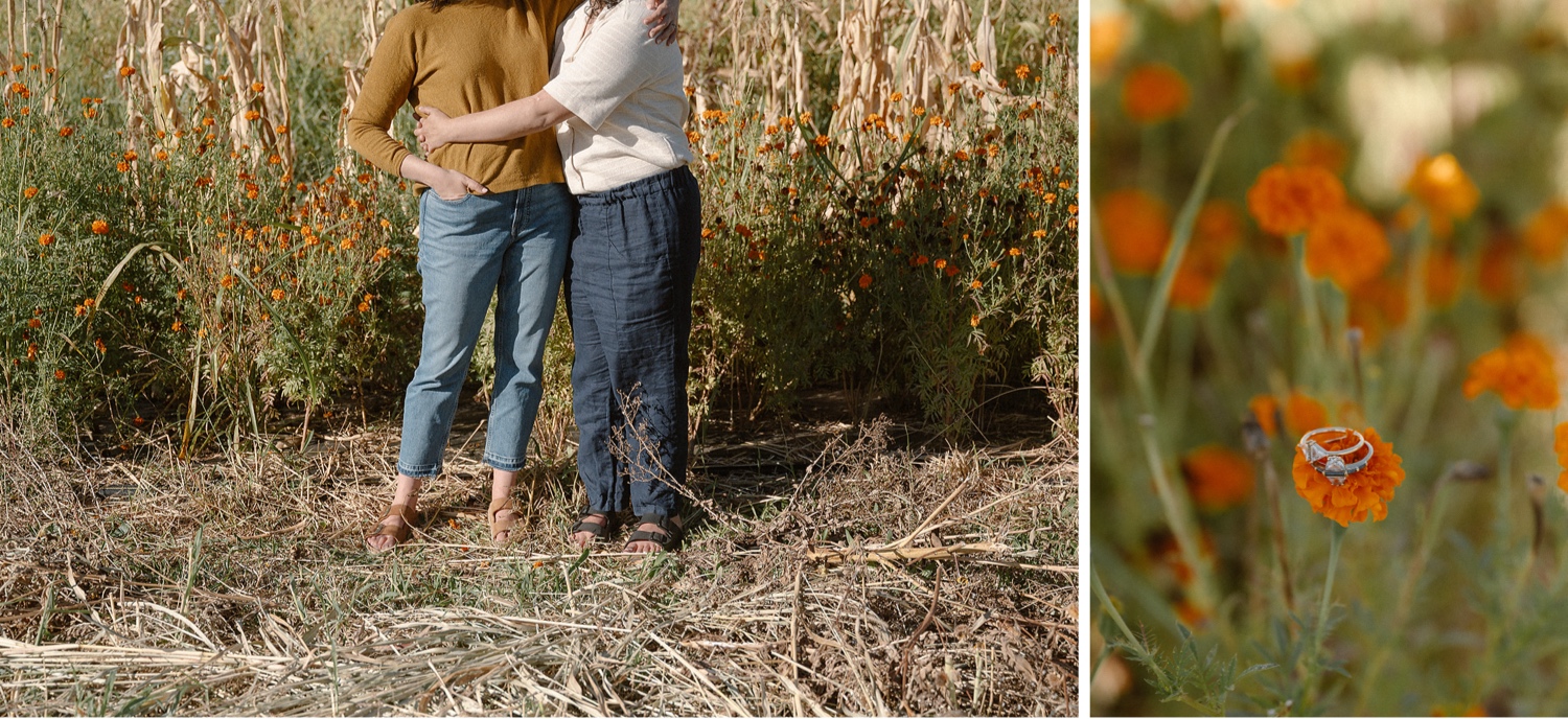 Romantic fall engagement session at Los Poblanos Historic Inn, couple embracing in front of the colorful foliage.